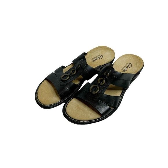 Clark’s bendables black leather wedge sandals size 6 - Picture 1 of 15